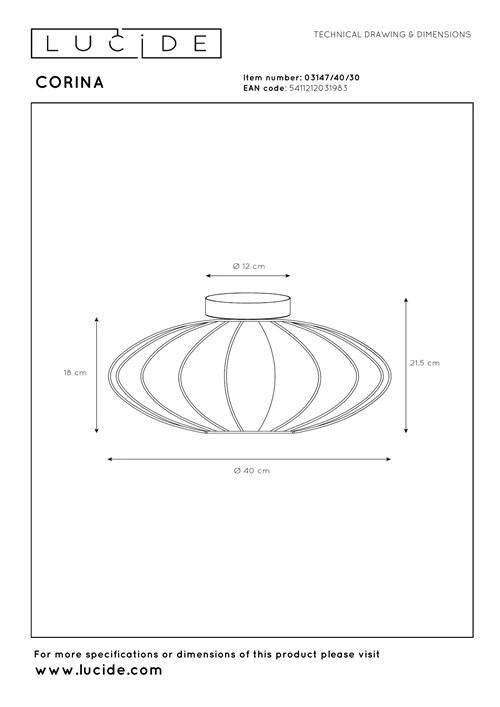 Lucide CORINA - Lámpara de techo - Ø 40 cm - 1xE27 - Negro - técnico